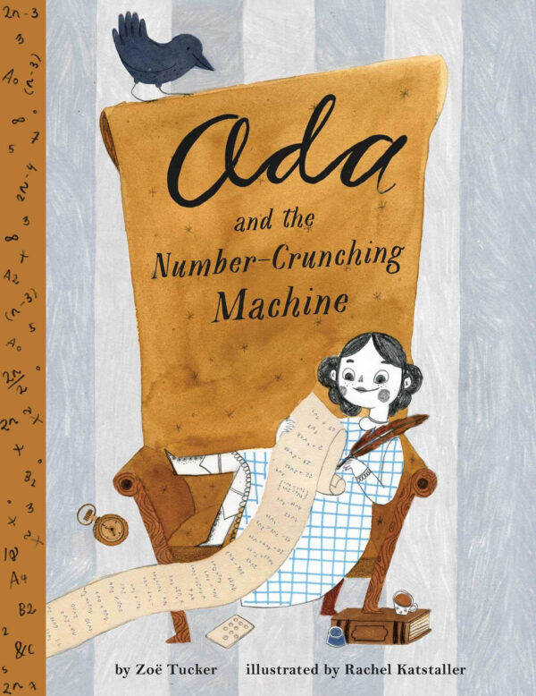 Book cover featuring illustration of Ada Lovelace sitting on a couch writing on a scroll with a quill pen