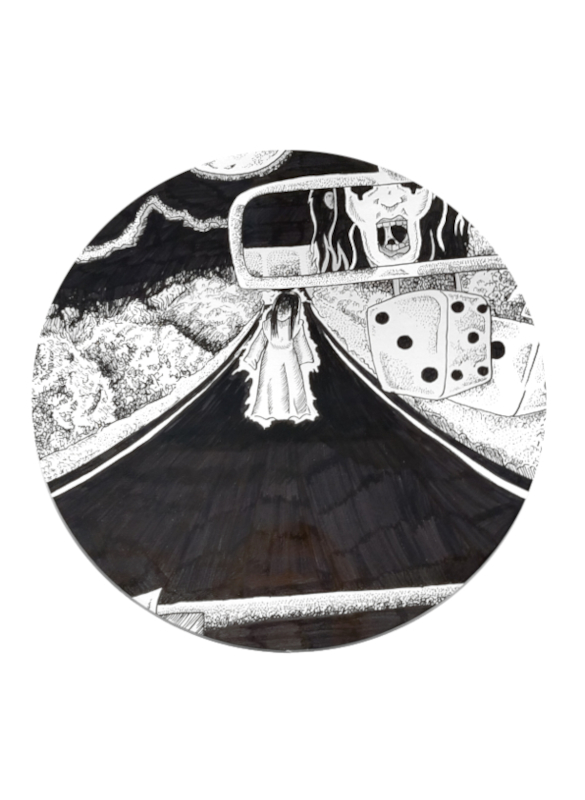 Black and white pen illustration of a ghostly figure standing in the road seen through the front window of a car