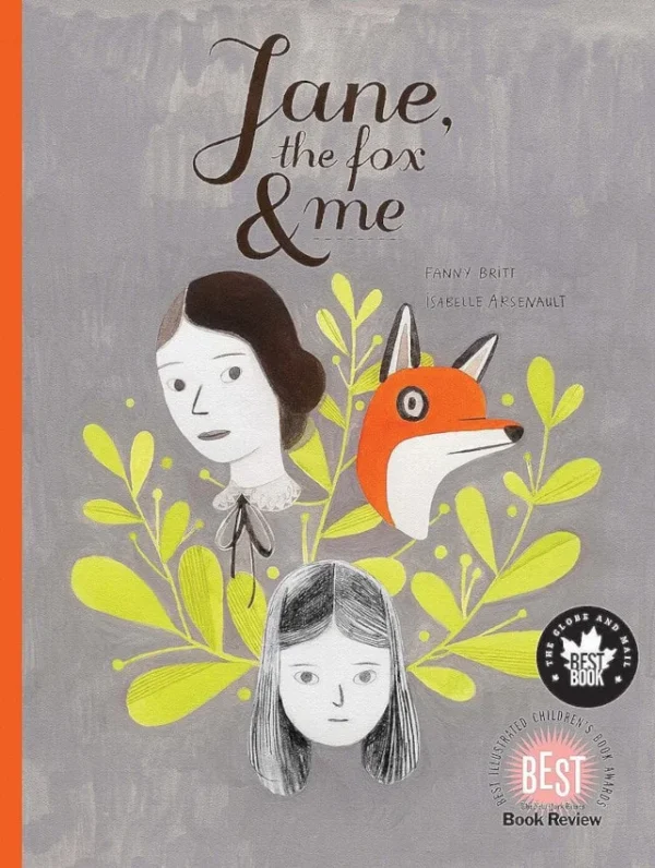 Book cover featuring illustration of the main character, Jane Eyre, and a fox along with the book title