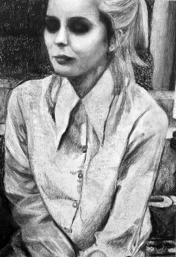 Black and white charcoal drawing of a young woman with darkened eyes wearing a white collared shirt