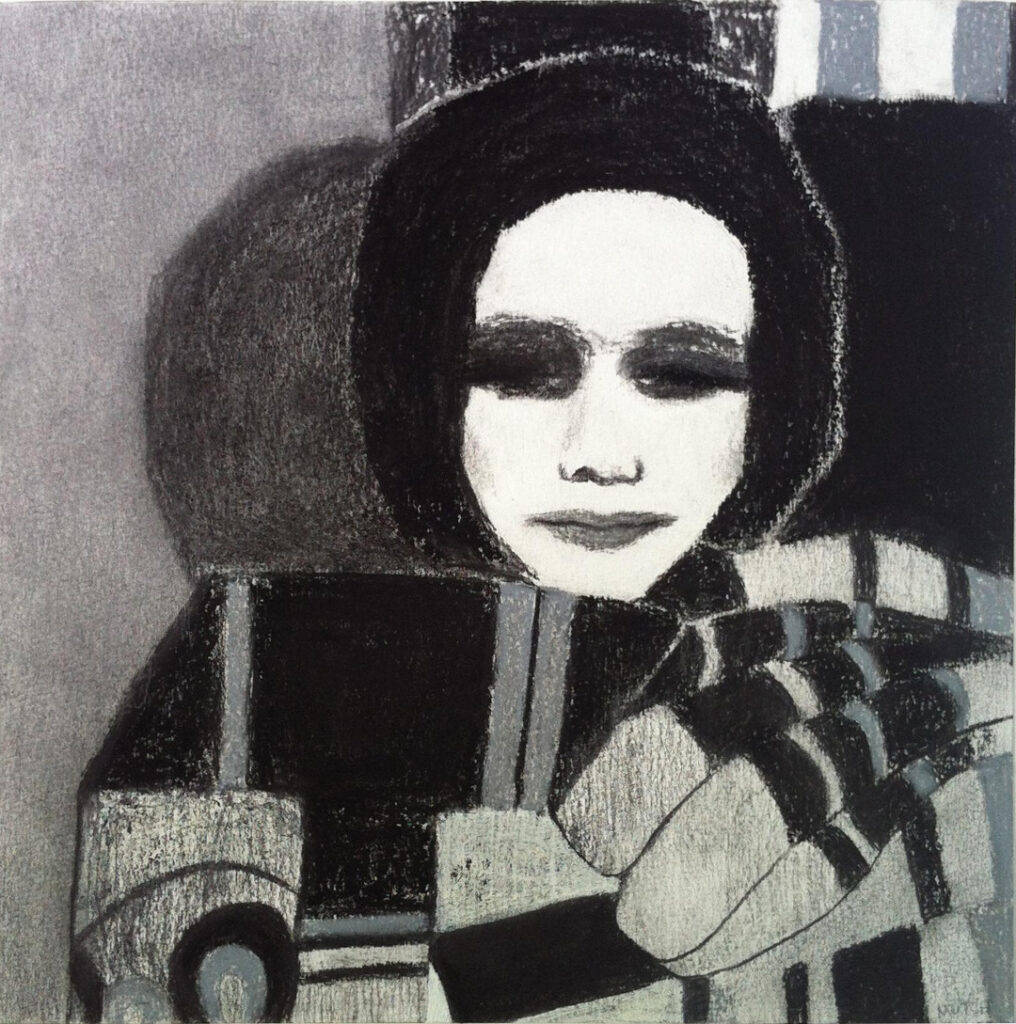 Black and white charcoal drawing of a young woman in an abstracted shawl or garment