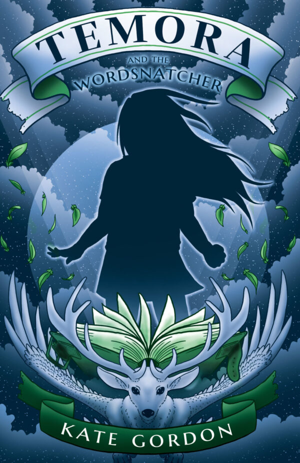 Book cover featuring a colour illustration of a young girl's silhouette emerging out of the pages of a book that sits atop the head of a mythical creature