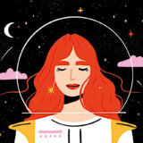 Book cover featuring colour illustration of red-headed woman in a space suit amongst the stars and a crescent moon, along with the book title