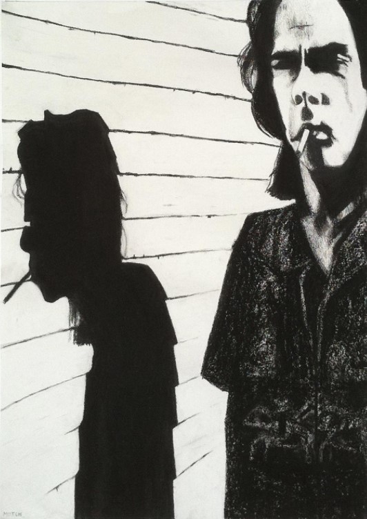 Black and white screenprinted image of musician Nick Cave
