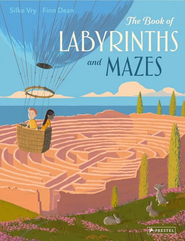 Book cover featuring illustration of two children in a hot-air balloon flying over a maze, along with the book title