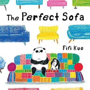 Book cover featuring colour illustration of a panda and a penguin trying to choose amongst an array of different sofas, along with the book title