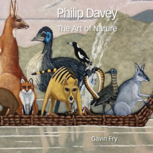 Book cover featuring a painting of iconic Australian animals on a canoe by Philip Davey
