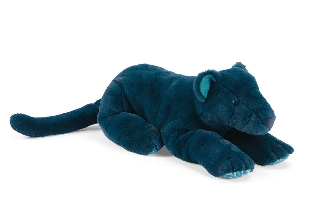 Colour photograph of a dark blue coloured plush toy panther from Moulin Roty