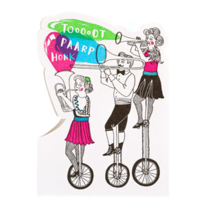 Photograph of illustrated card featuring a troupe of musicians riding unicycles